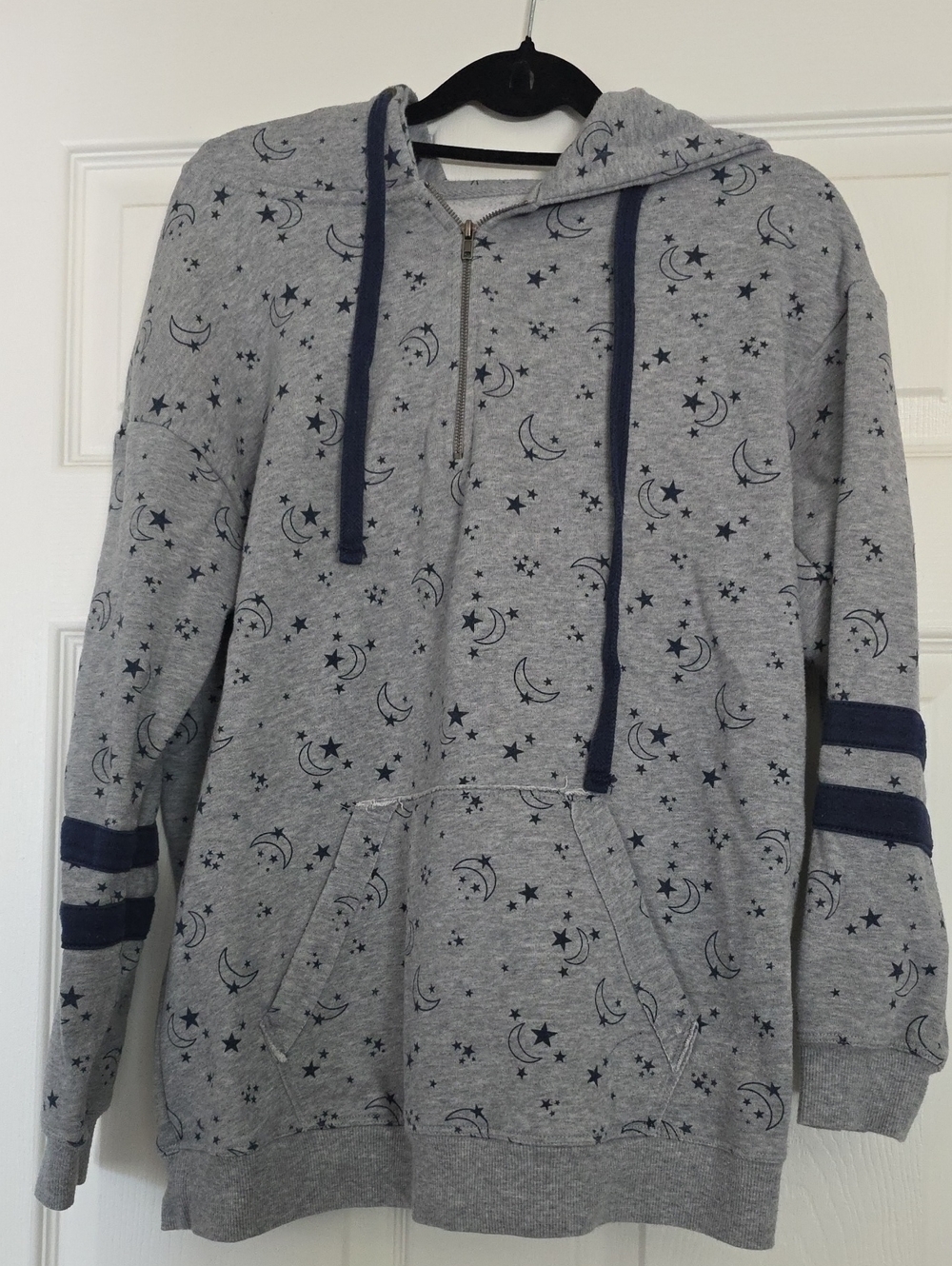 Time and Tru Gray Star & Moon Print Half-Zip Hoodie with Navy Accents